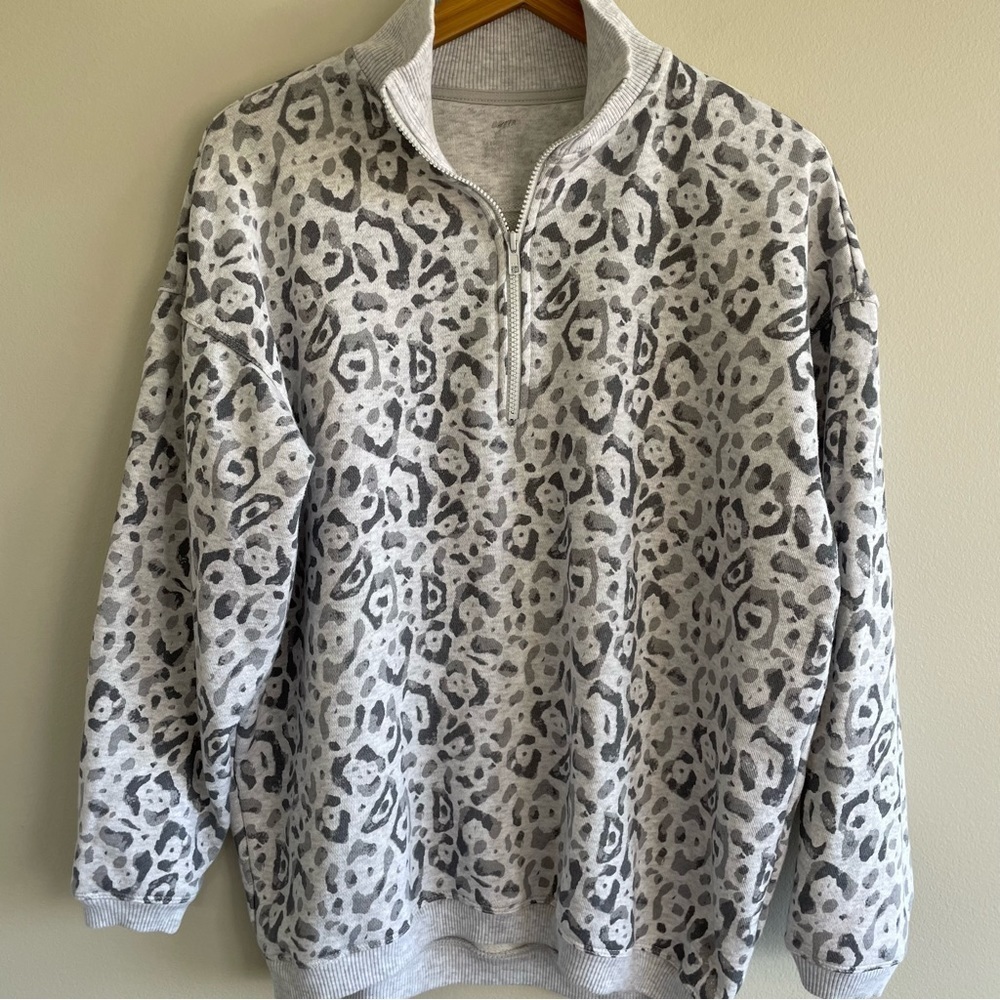 Aerie Oversized Good Vibes Quarter Zip Leopard Print Sweatshirt Gray Size XS